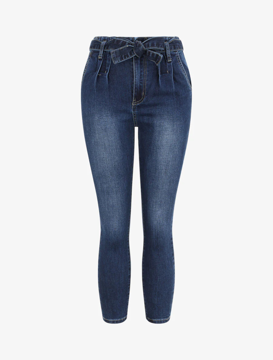 Hoge taille 7/8 slim jeans met plooien - Donkerblauw