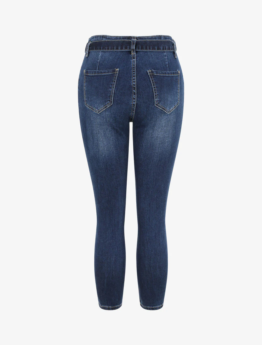 Hoge taille 7/8 slim jeans met plooien - Donkerblauw - Image 2