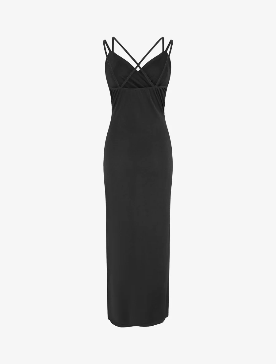 Aangesloten lange jurk met split en bandjes - Zwart - Image 2