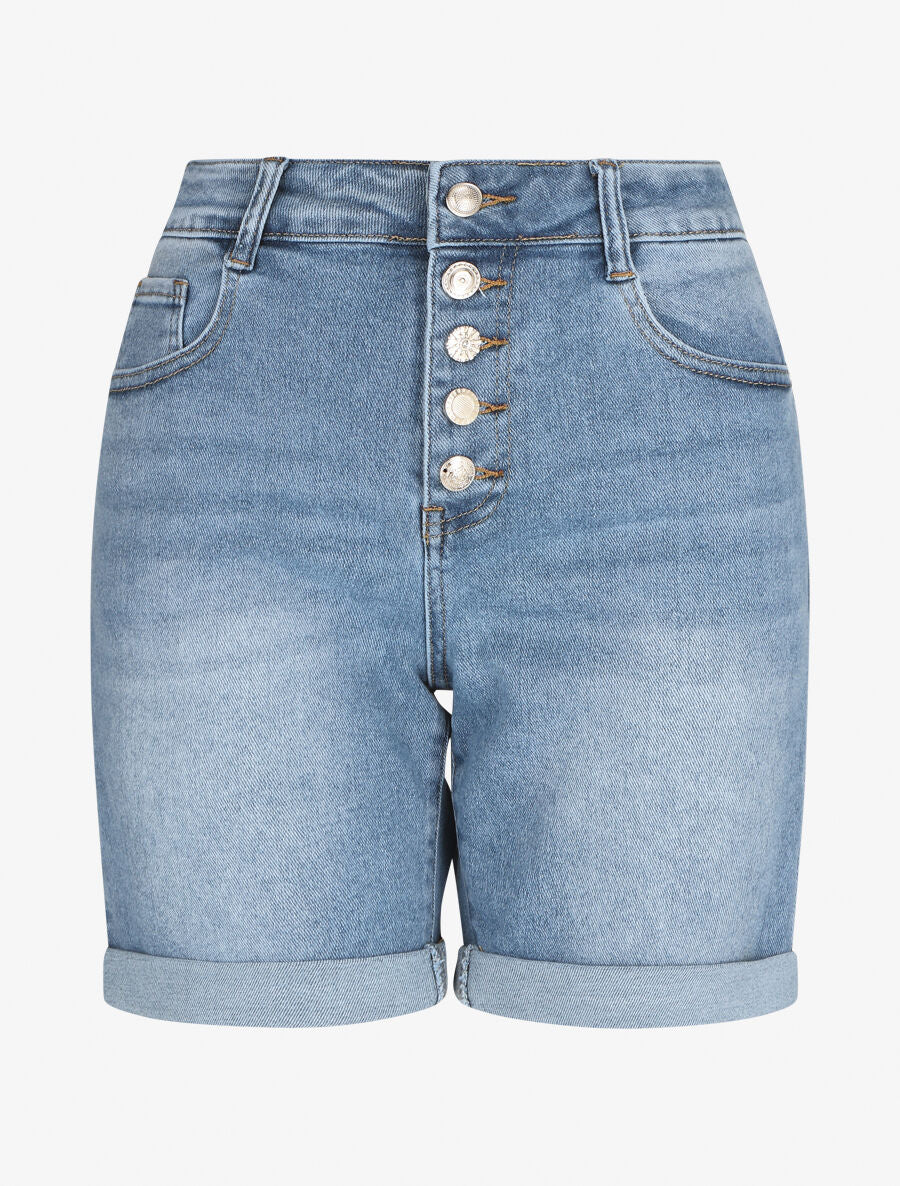 Aansluitende denim shorts met geknoopte tailleband - blauw