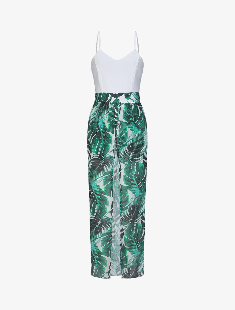 Jumpsuit met bedrukt voile in plantaardig motief - Wit