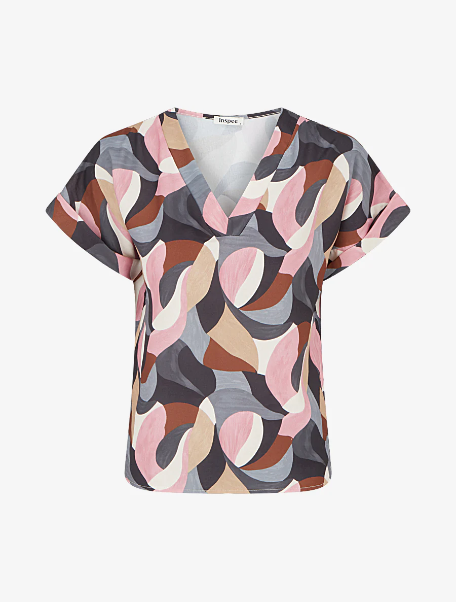Abstracte bedrukte top met korte mouwen - Zwart