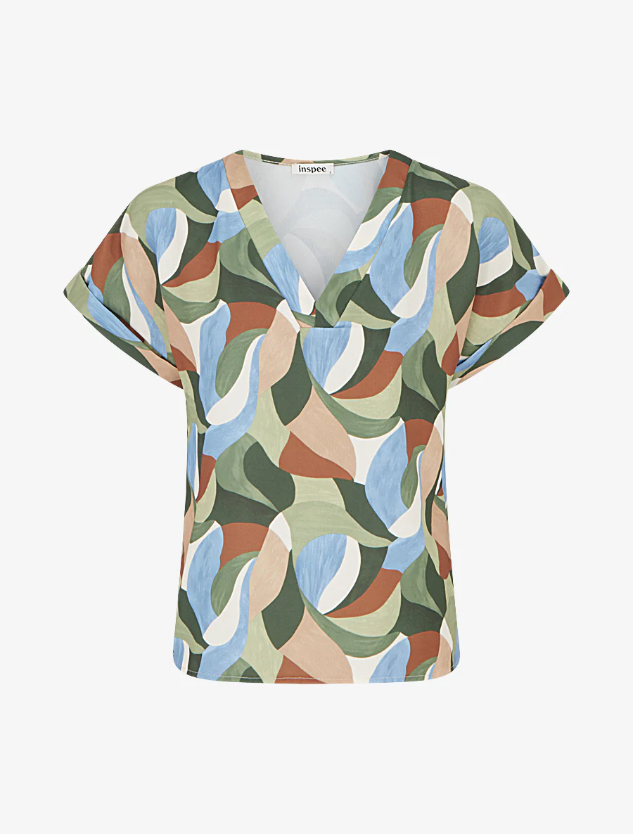 Abstracte bedrukte top met korte mouwen - Kaki