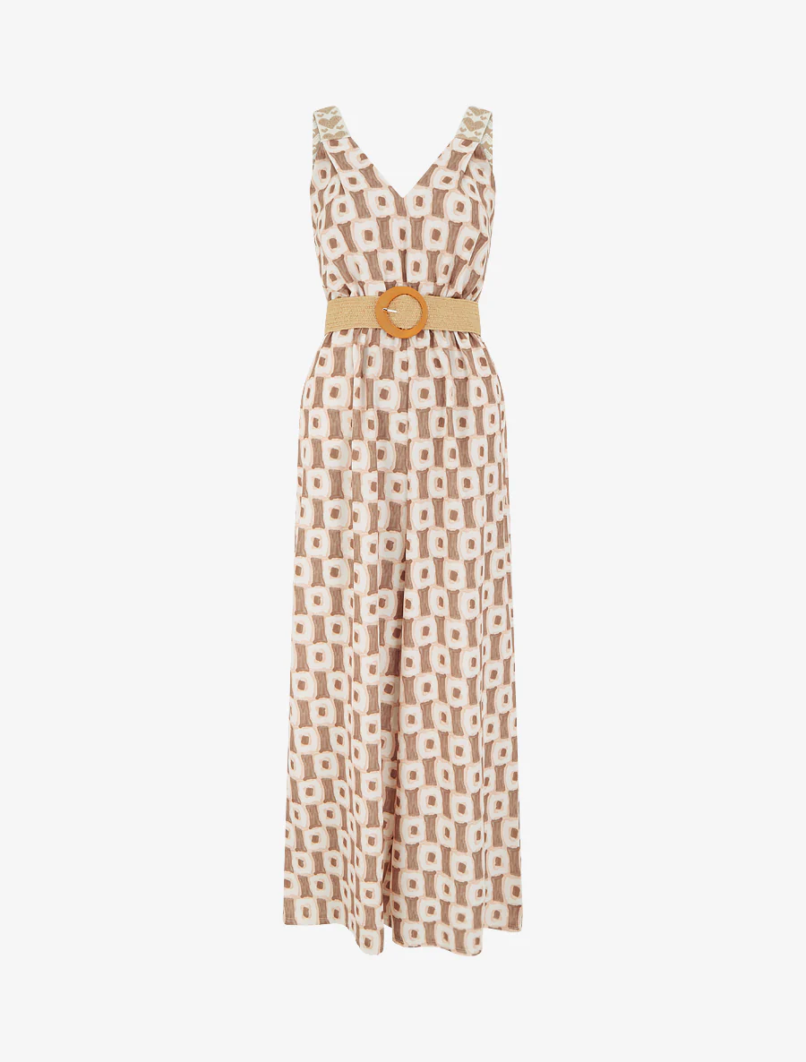 Abstracte print jumpsuit met bandjes en hartjesmotief. - Bruin
