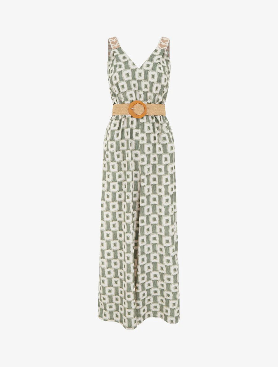 Abstracte print jumpsuit met bandjes en hartjesmotief. - Kaki