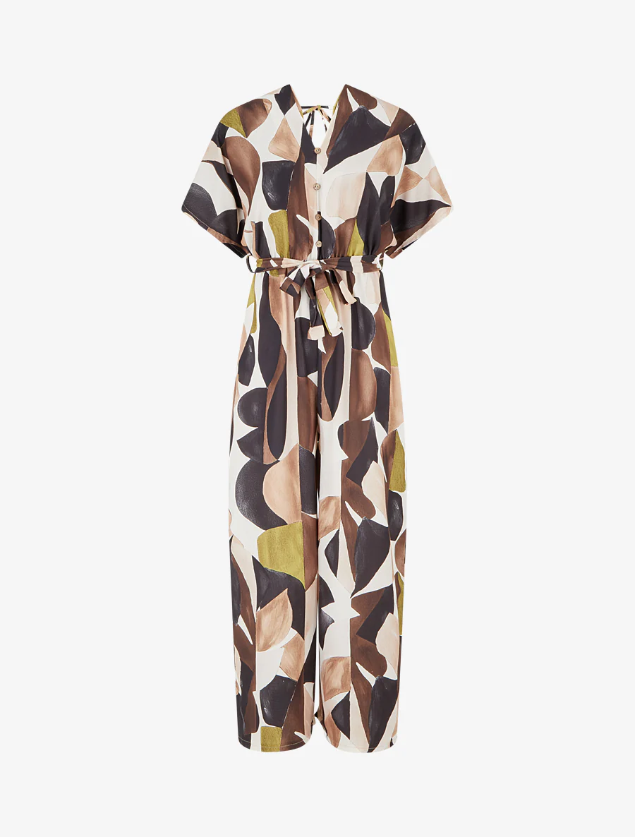 Abstracte print jumpsuit met elastische taille. - Zwart