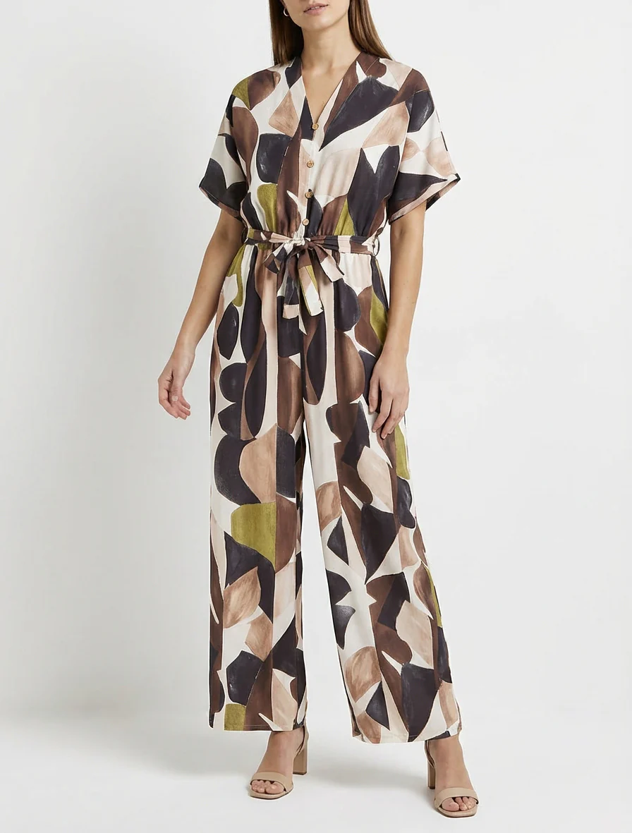 Abstracte print jumpsuit met elastische taille. - Zwart - Image 4