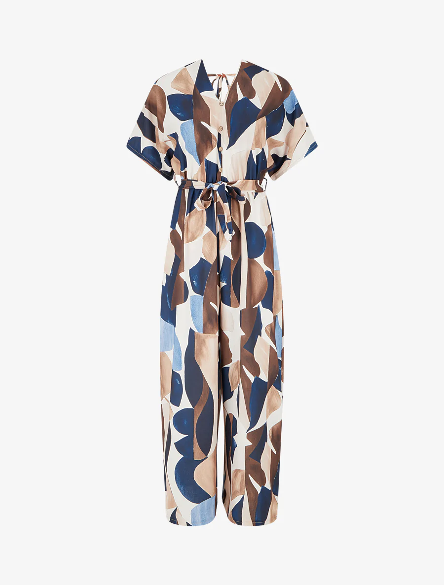 Abstracte print jumpsuit met elastische taille. - Marine