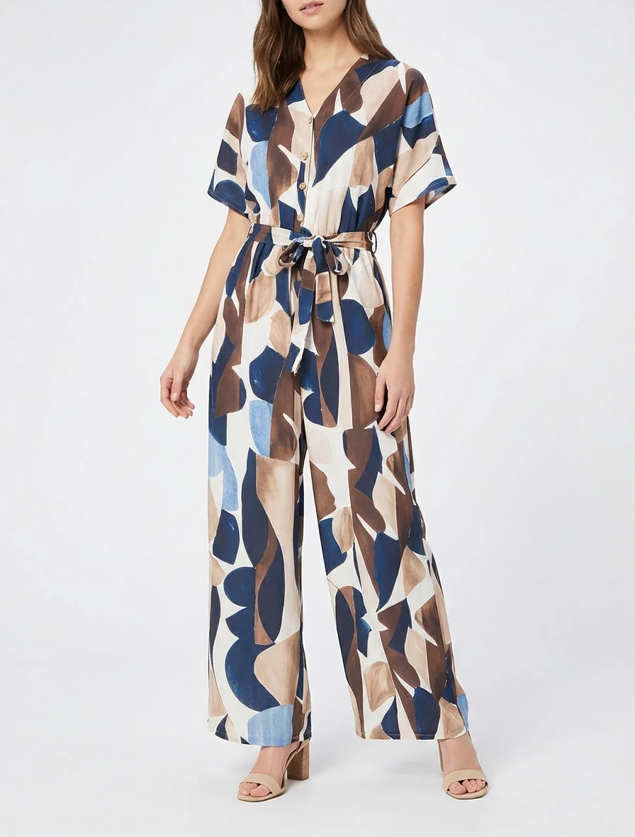 Abstracte print jumpsuit met elastische taille. - Marine - Image 4