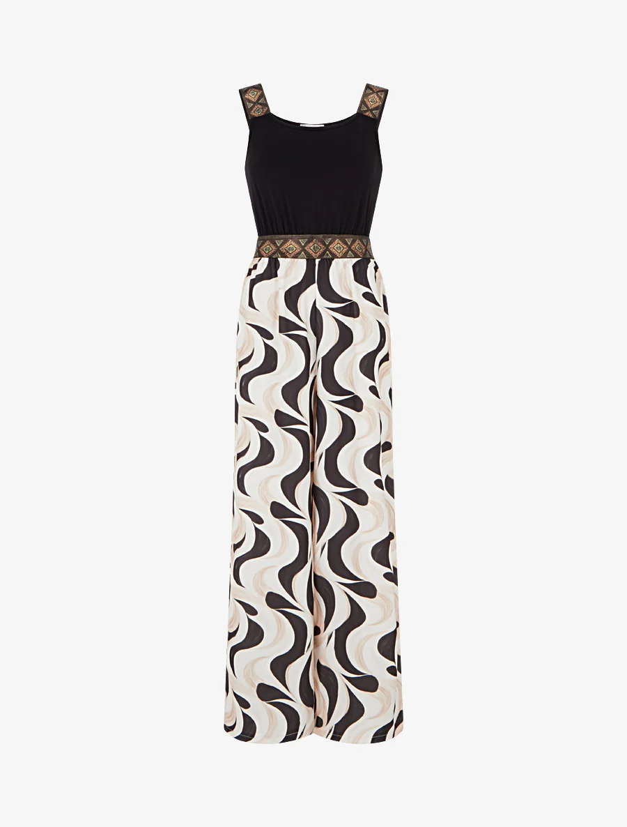Abstracte print jumpsuit met glinsterende bandjes - Zwart