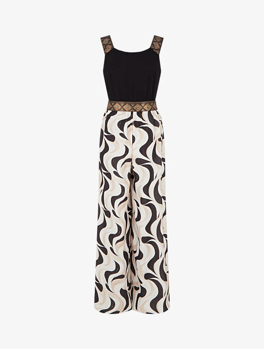 Abstracte print jumpsuit met glinsterende bandjes - Zwart - Image 2