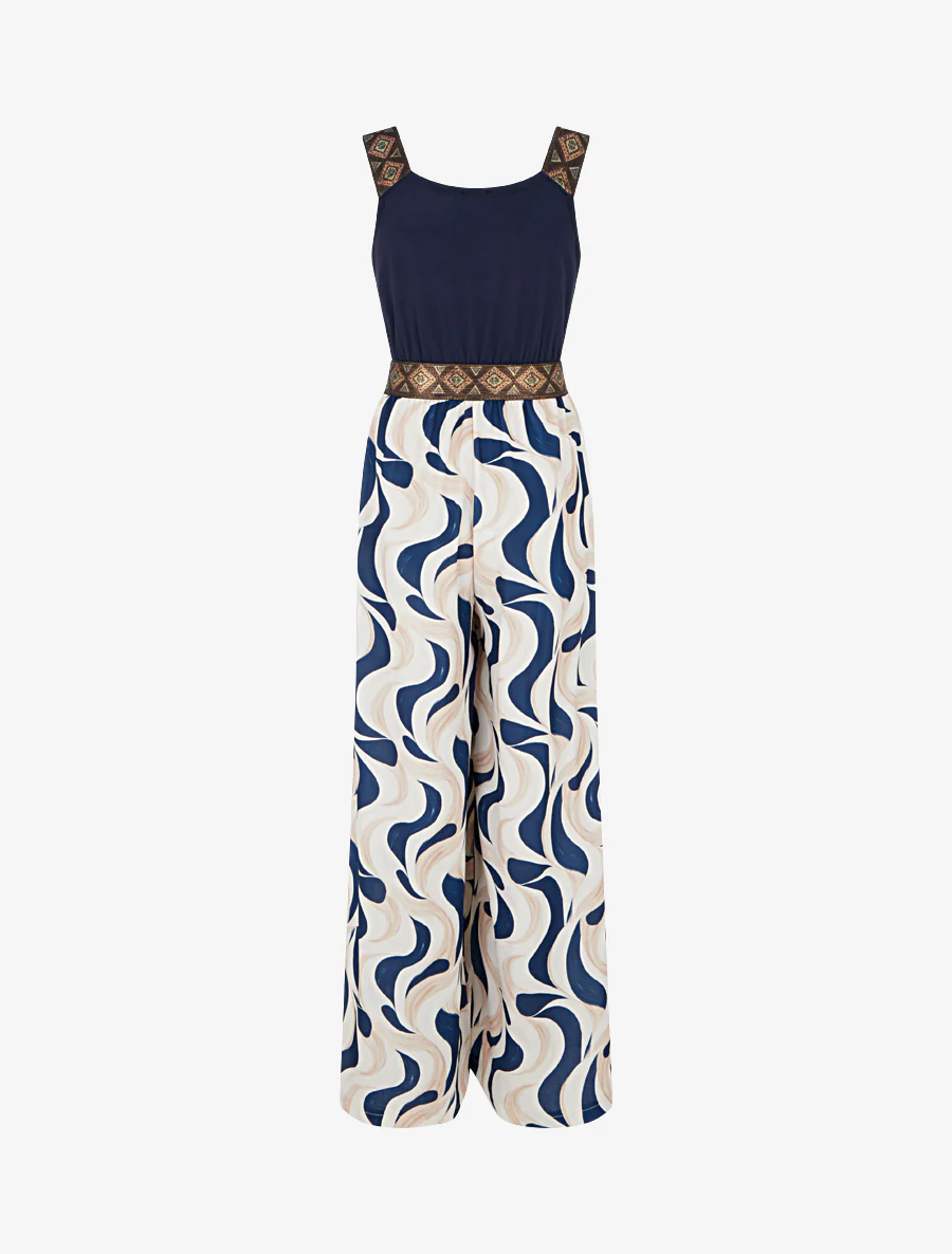 Abstracte print jumpsuit met glinsterende bandjes - Marine - Image 2