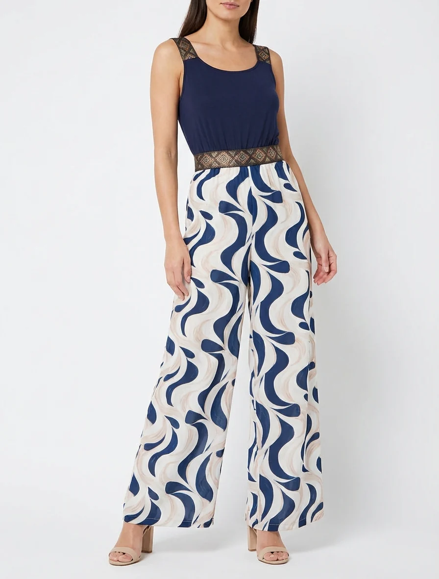 Abstracte print jumpsuit met glinsterende bandjes - Marine - Image 4