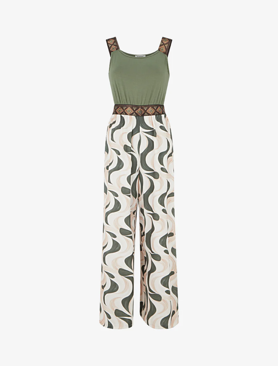 Abstracte print jumpsuit met glinsterende bandjes - Kaki