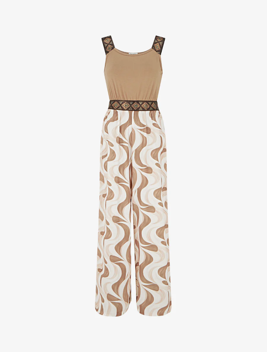 Abstracte print jumpsuit met glinsterende bandjes - Kameel