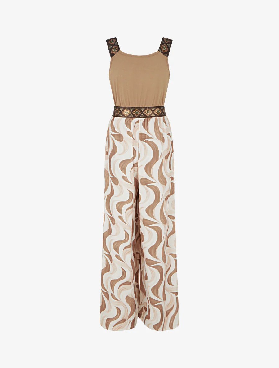 Abstracte print jumpsuit met glinsterende bandjes - Kameel - Image 2