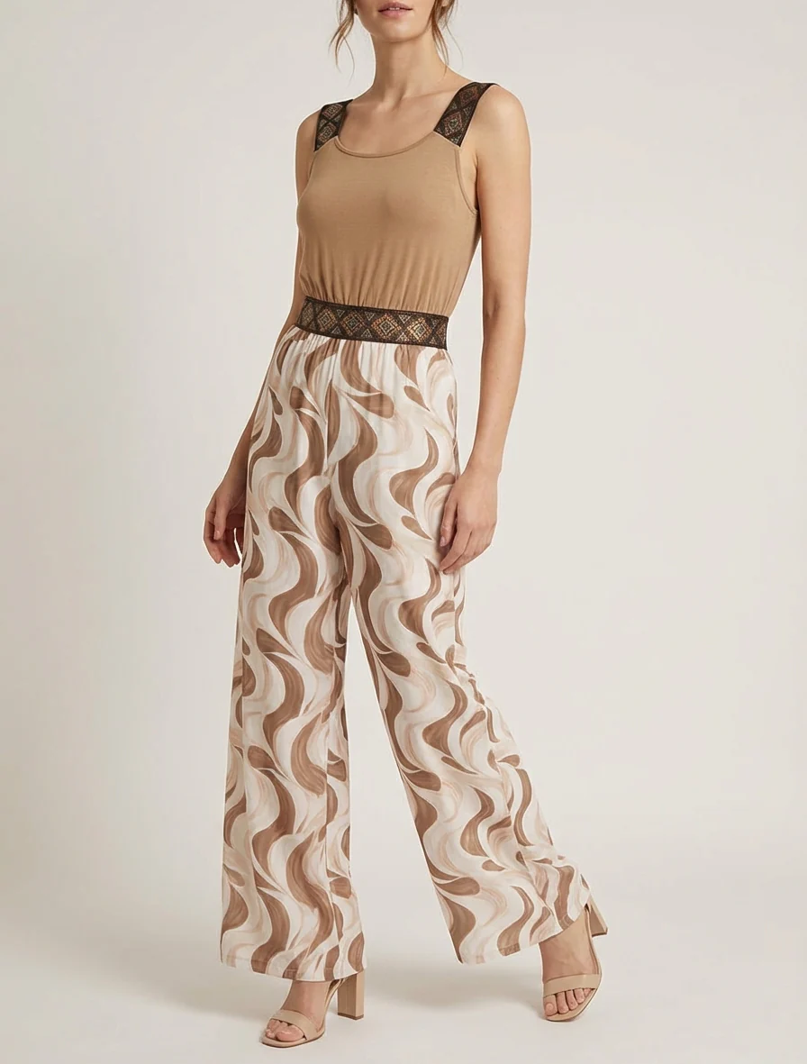 Abstracte print jumpsuit met glinsterende bandjes - Kameel - Image 4