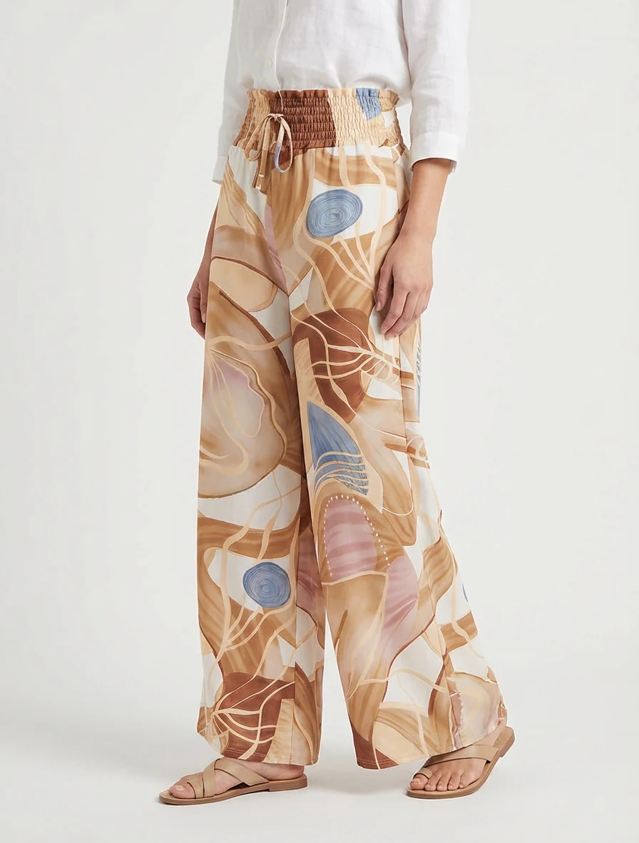 Abstracte printbroek met elastische tailleband - Kameel - Image 4