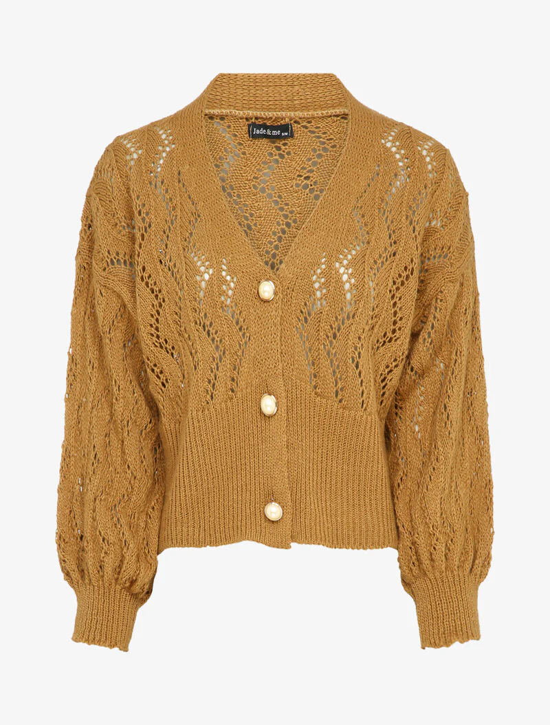 Gehaakt vest met parelknopen - Camel