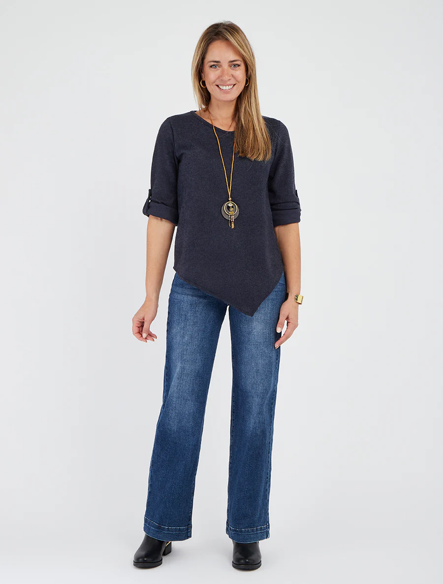 Asymmetrische dunne trui met oprolbare lange mouwen - Marine - Image 4