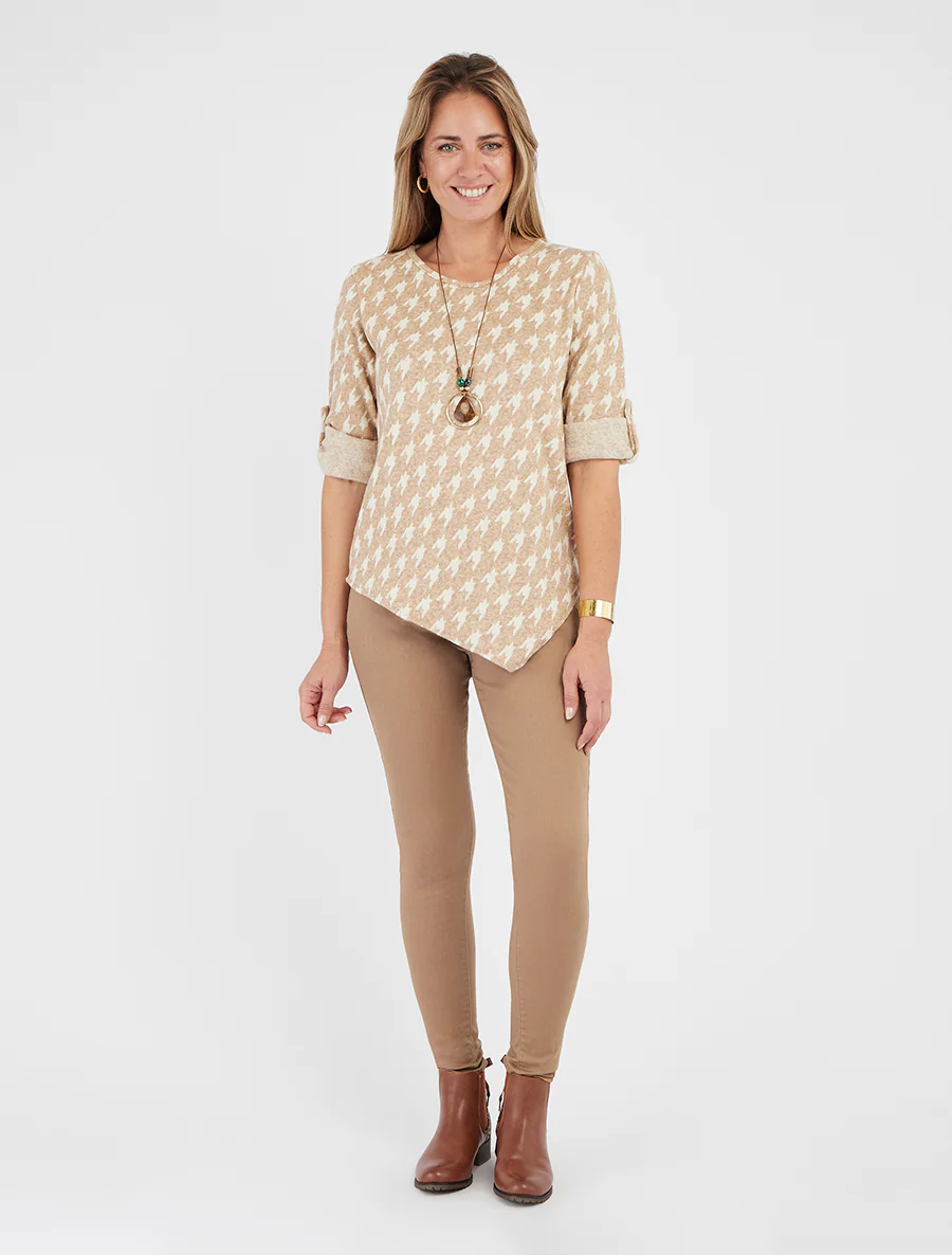 Asymmetrische dunne trui met pied-de-pouleprint - Beige - Image 4