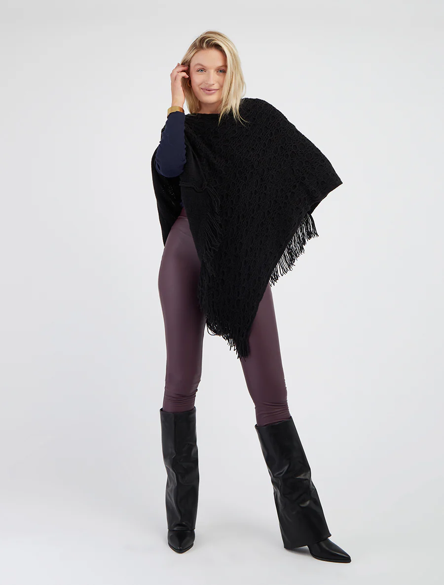 Asymmetrische effen poncho met franjes - Zwart - Image 4