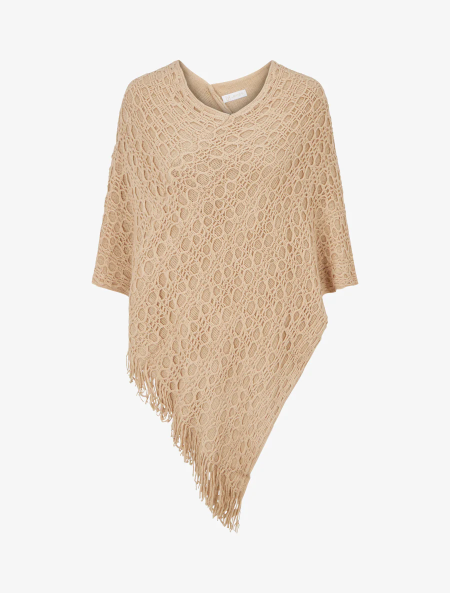 Asymmetrische effen poncho met franjes - Licht kameel
