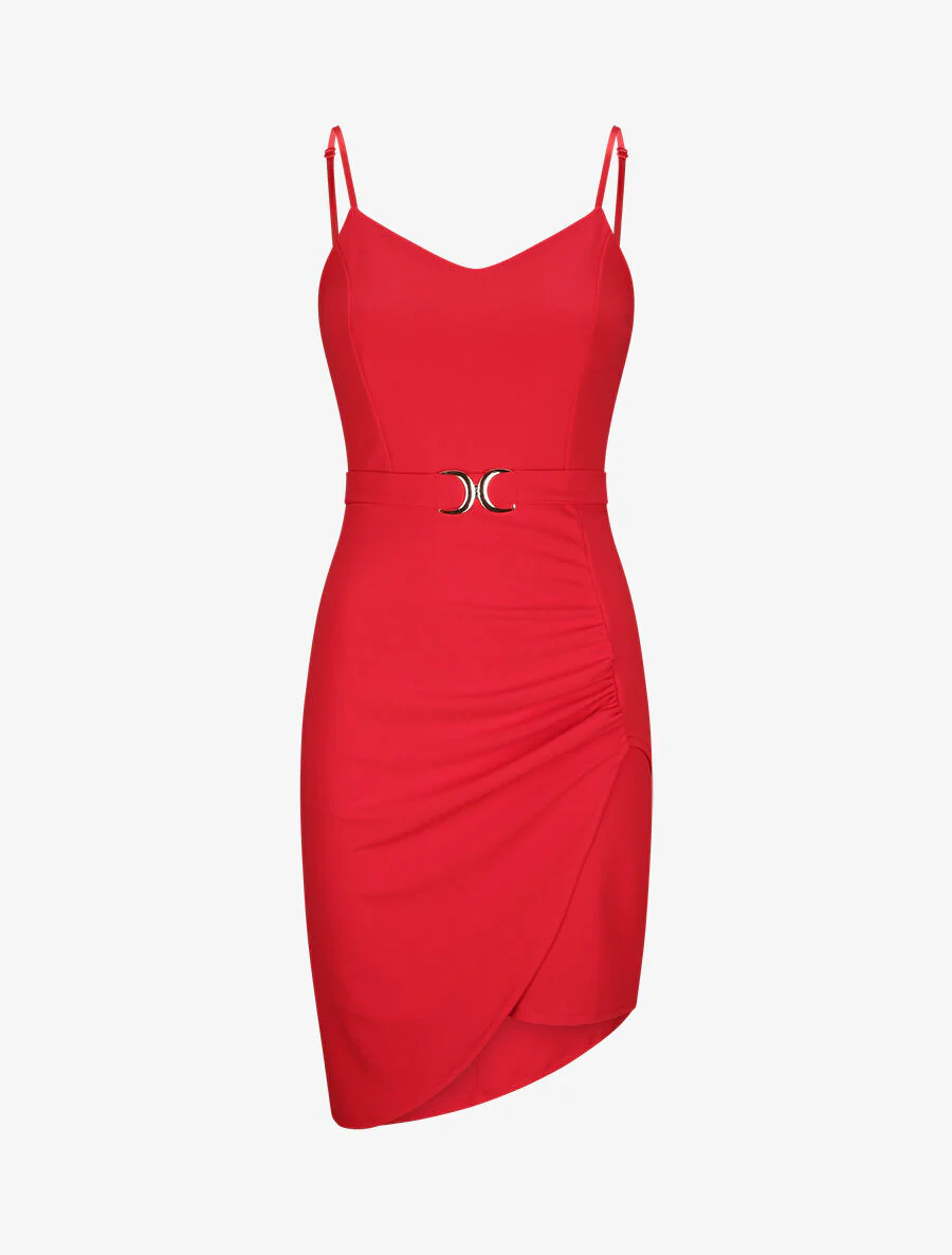 Asymmetrische jurk met dunne bandjes - Rood
