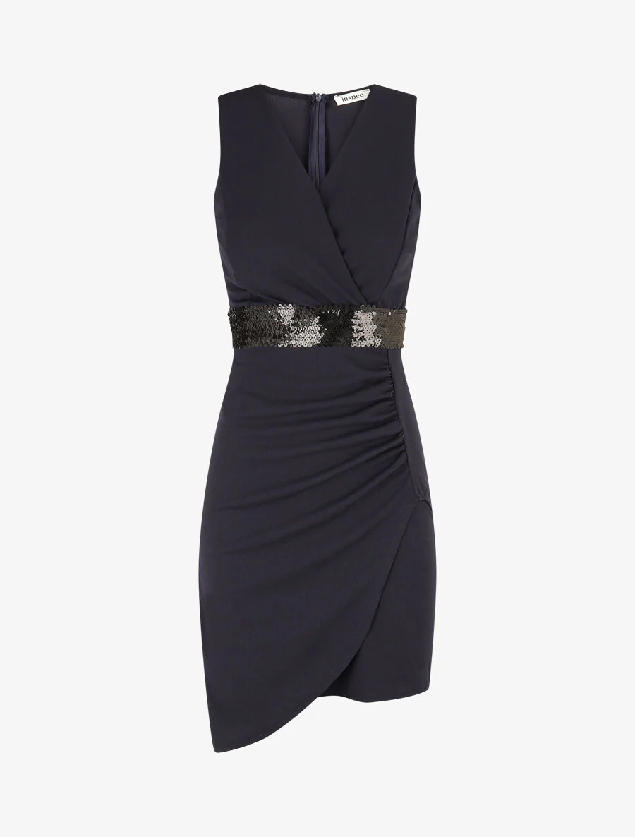 Asymmetrische jurk met pailletten in de taille - Marineblauw
