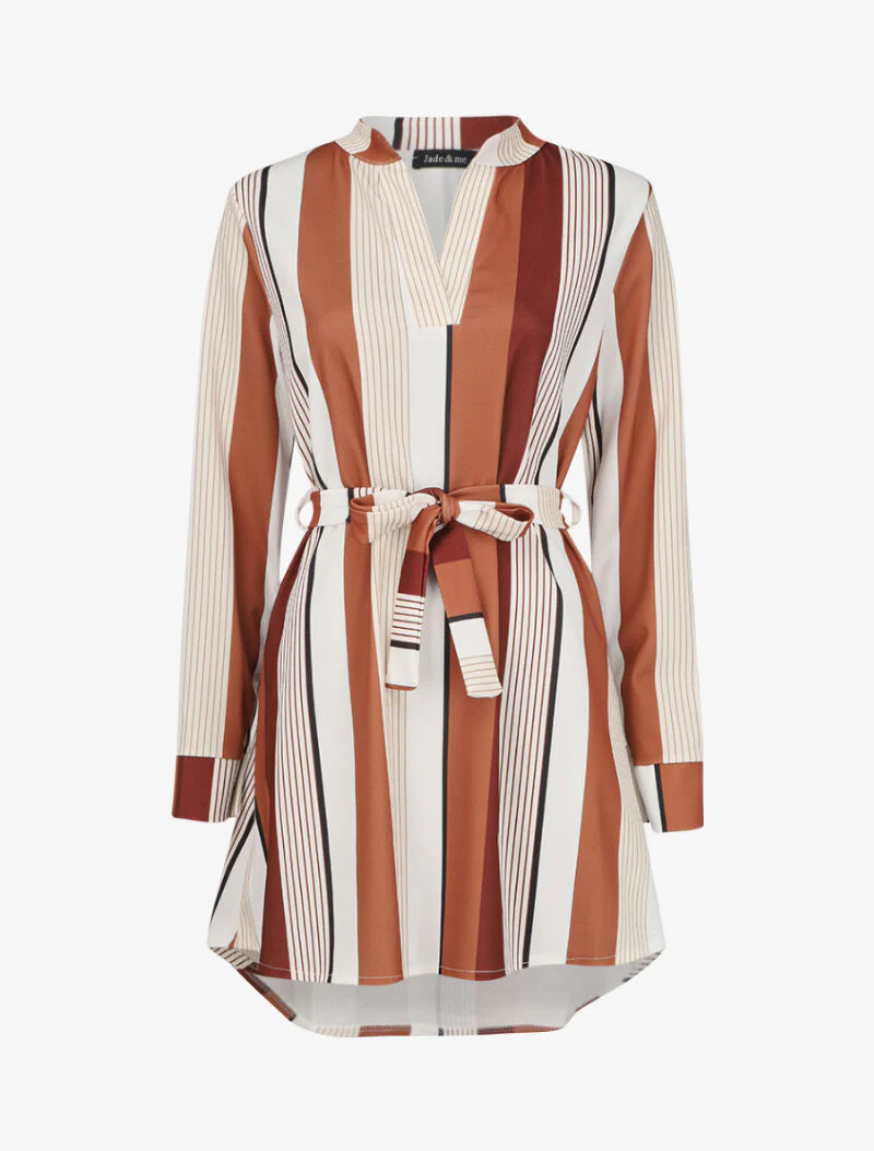 Asymmetrische gestreepte jurk - Camel