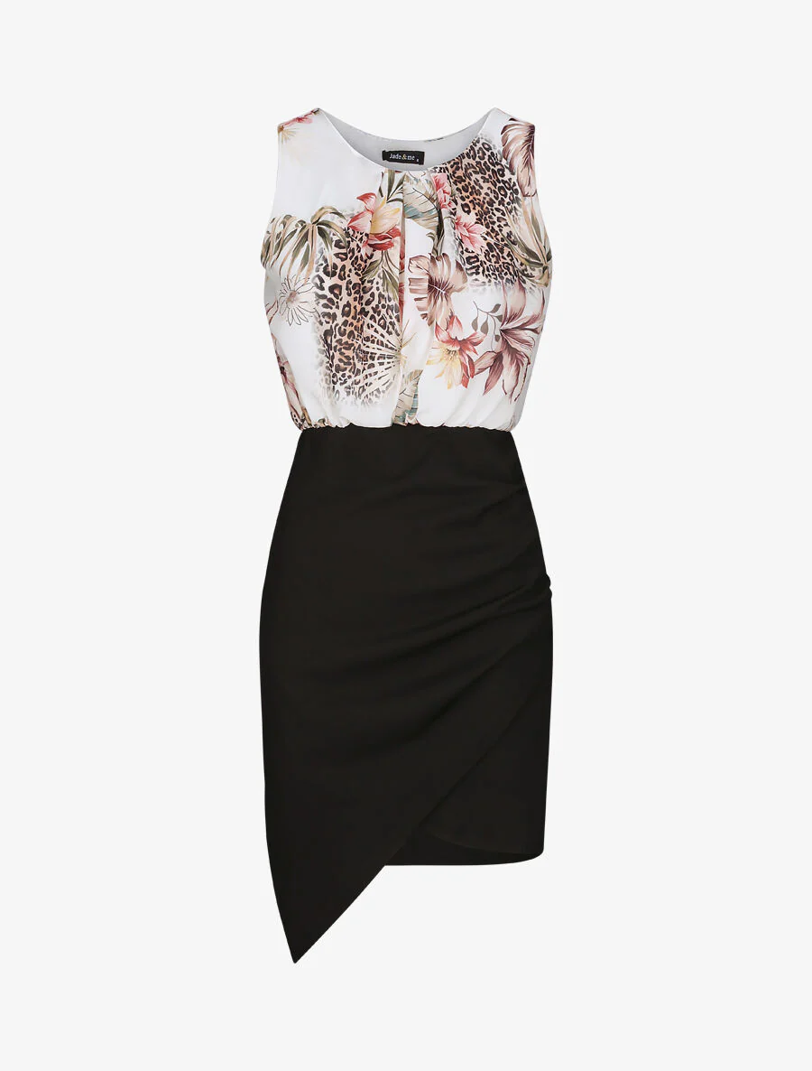 Asymmetrische jurk met tropische bladerenprint - Wit