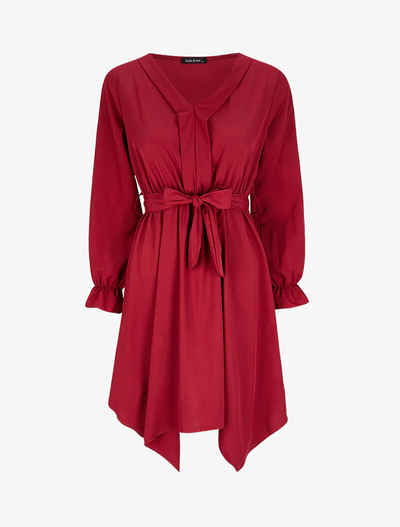Asymmetrische jurk met V-hals en revers - Wijnrood