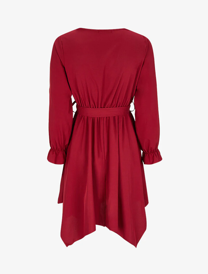 Asymmetrische jurk met V-hals en revers - Wijnrood - Image 2