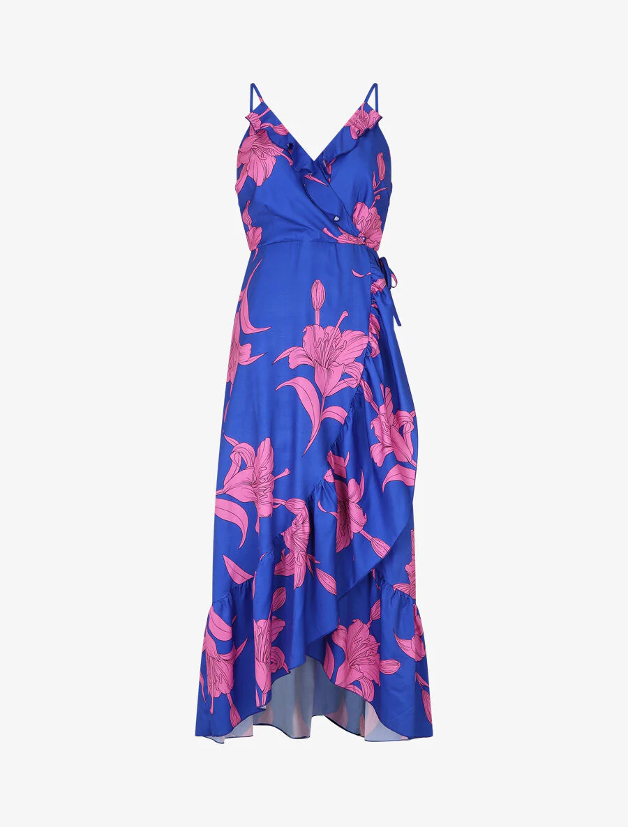 Asymmetrische lange jurk met grote bloemenprint - Koningsblauw