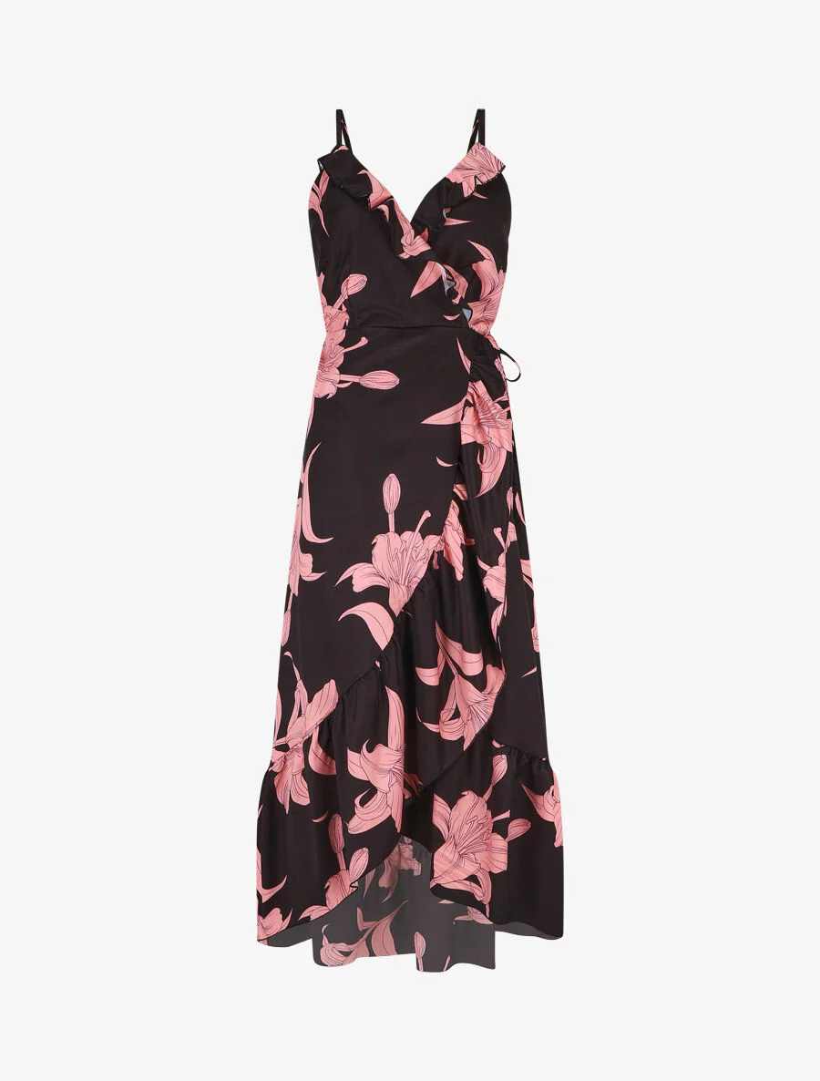 Asymmetrische lange jurk met grote bloemenprint - zwart