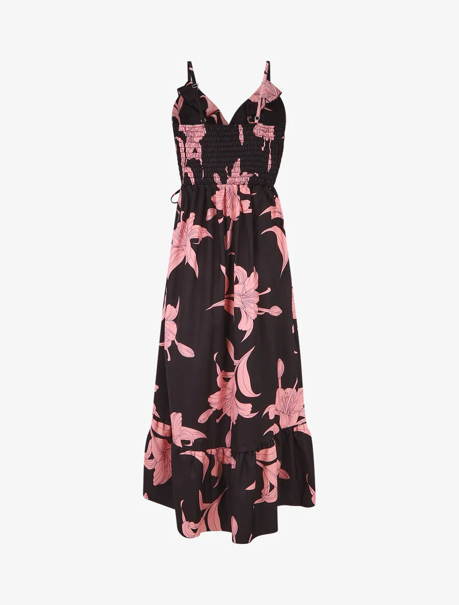 Asymmetrische lange jurk met grote bloemenprint - zwart - Image 2