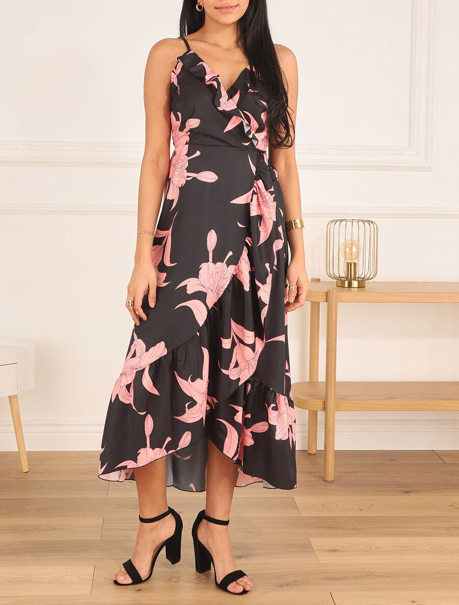 Asymmetrische lange jurk met grote bloemenprint - zwart - Image 4