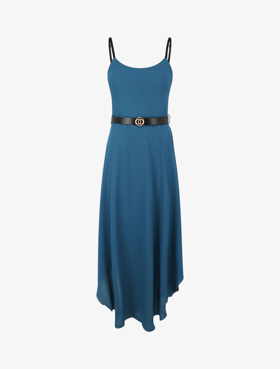 Asymmetrische lange jurk met skatersnit - Blauwgroen