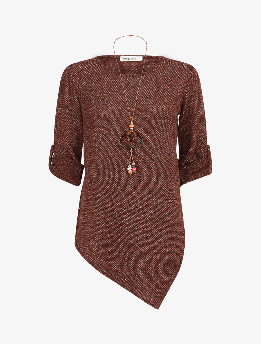 Asymmetrische lange trui met lamé - bruin