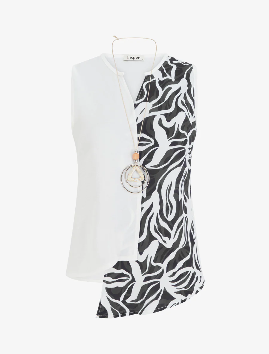Asymmetrische mouwloze top met abstracte print - Zwart
