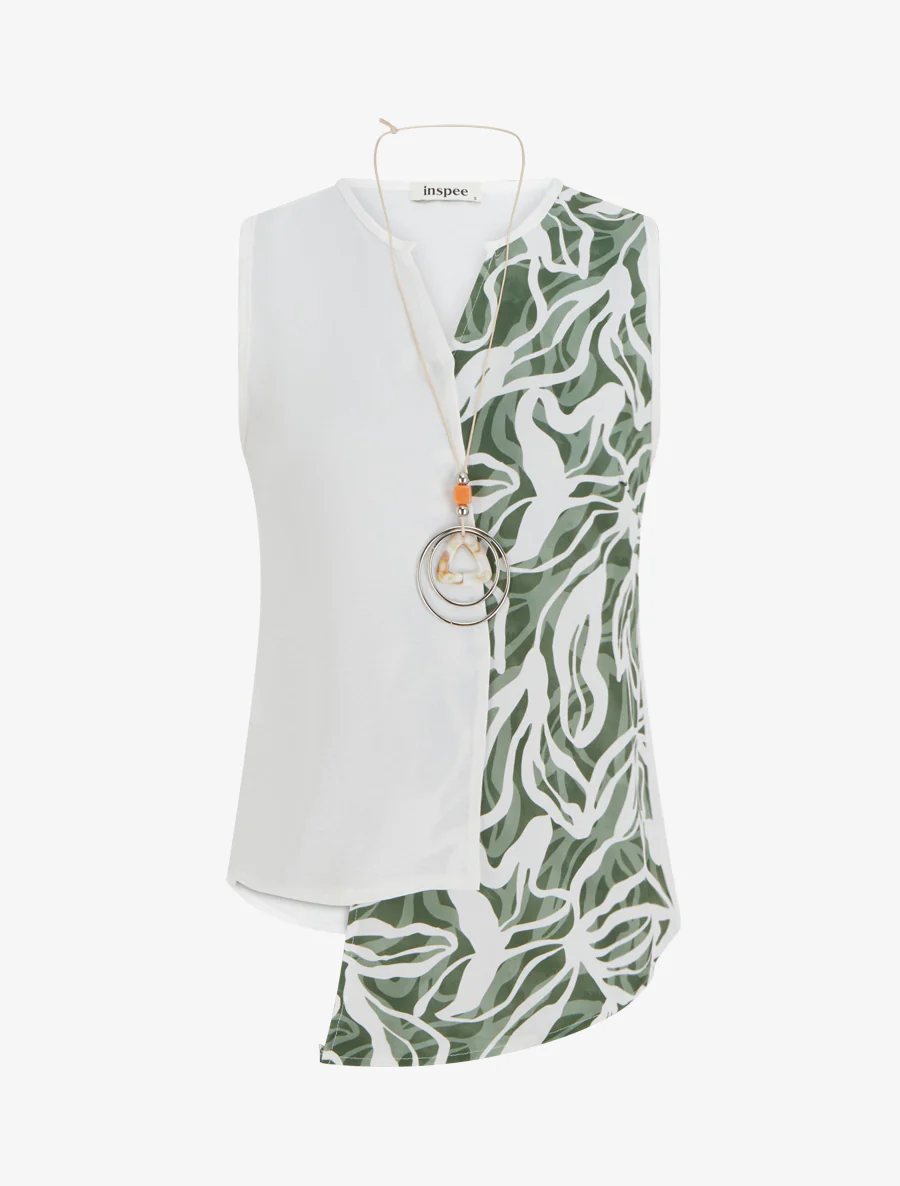 Asymmetrische mouwloze top met abstracte print - Kaki