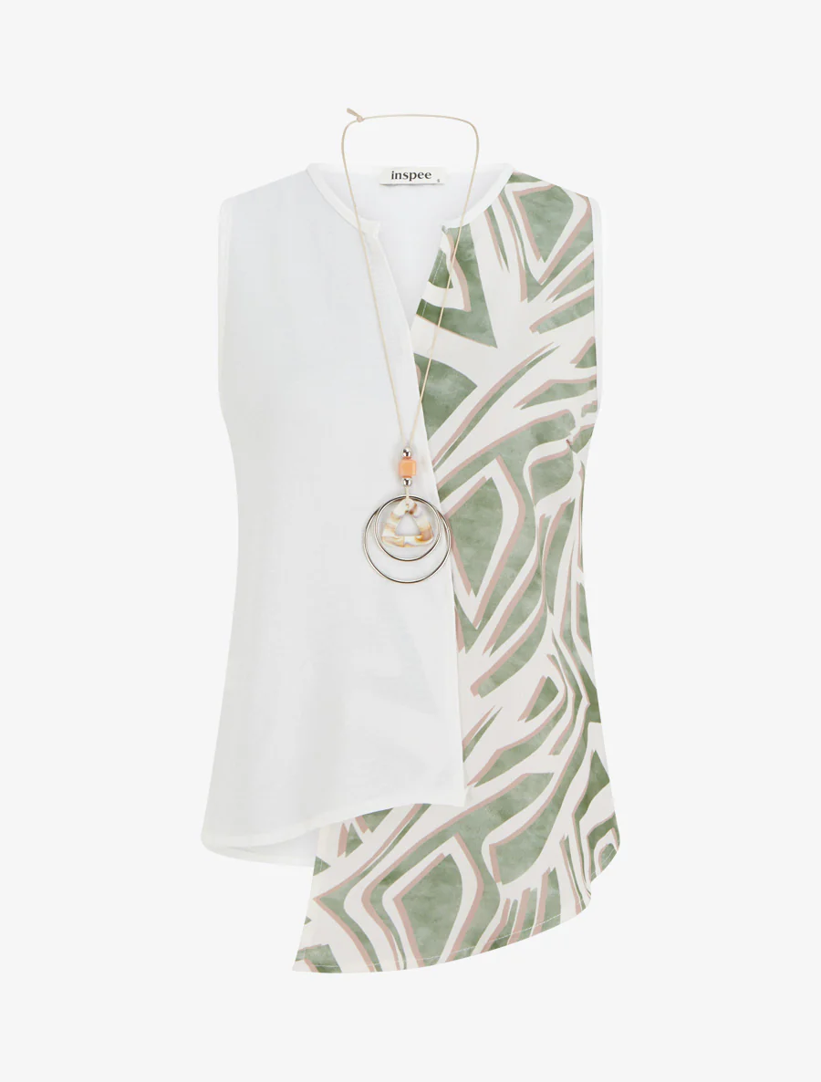 Asymmetrische mouwloze top met grafische print - Kaki