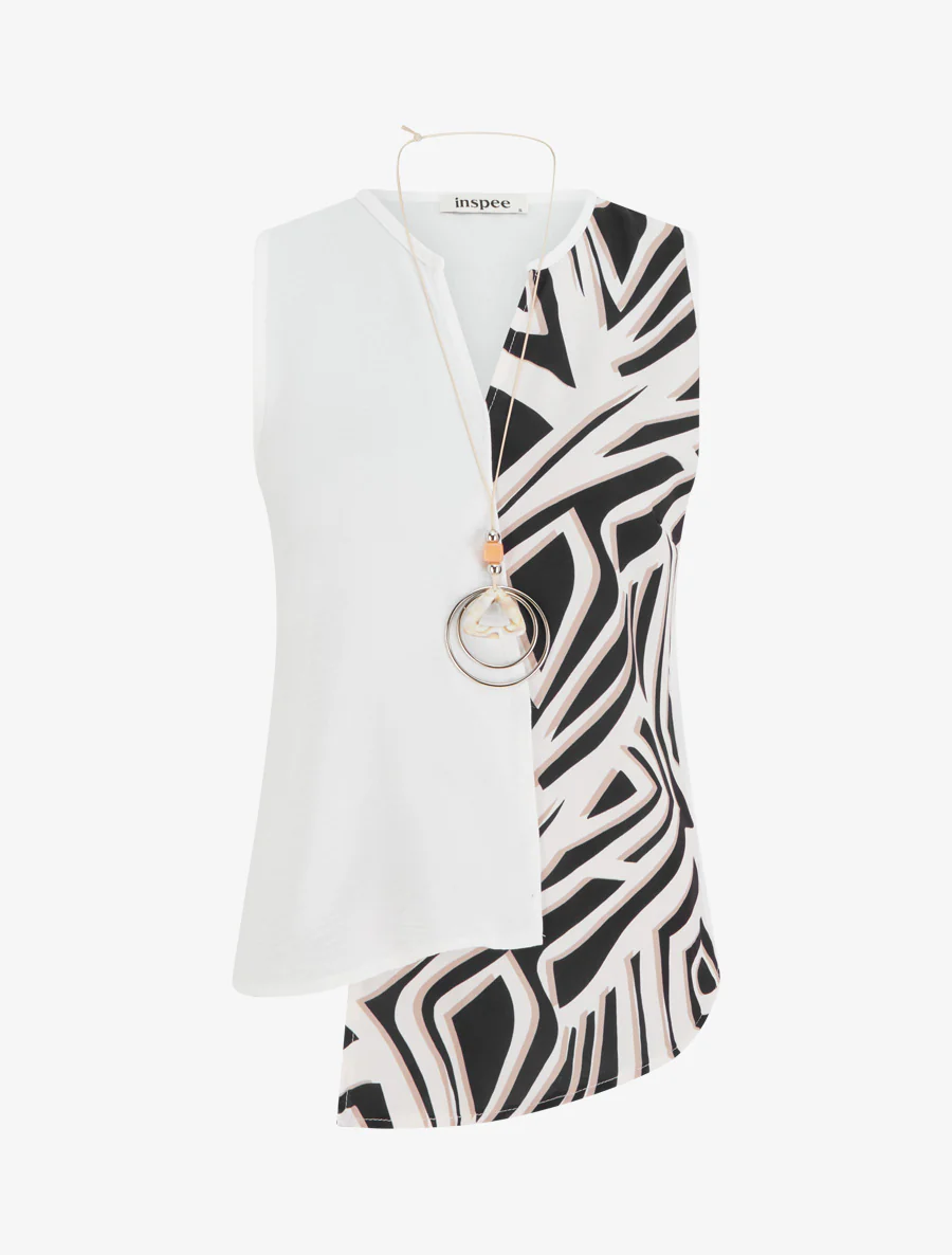 Asymmetrische mouwloze top met grafische print - Zwart