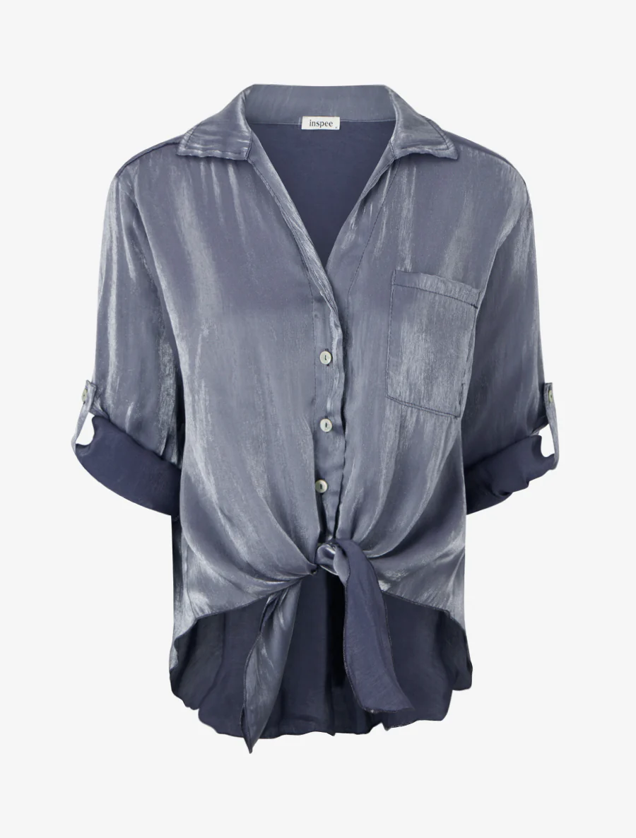 Asymmetrische parelmoeren blouse om te knopen - Blauw