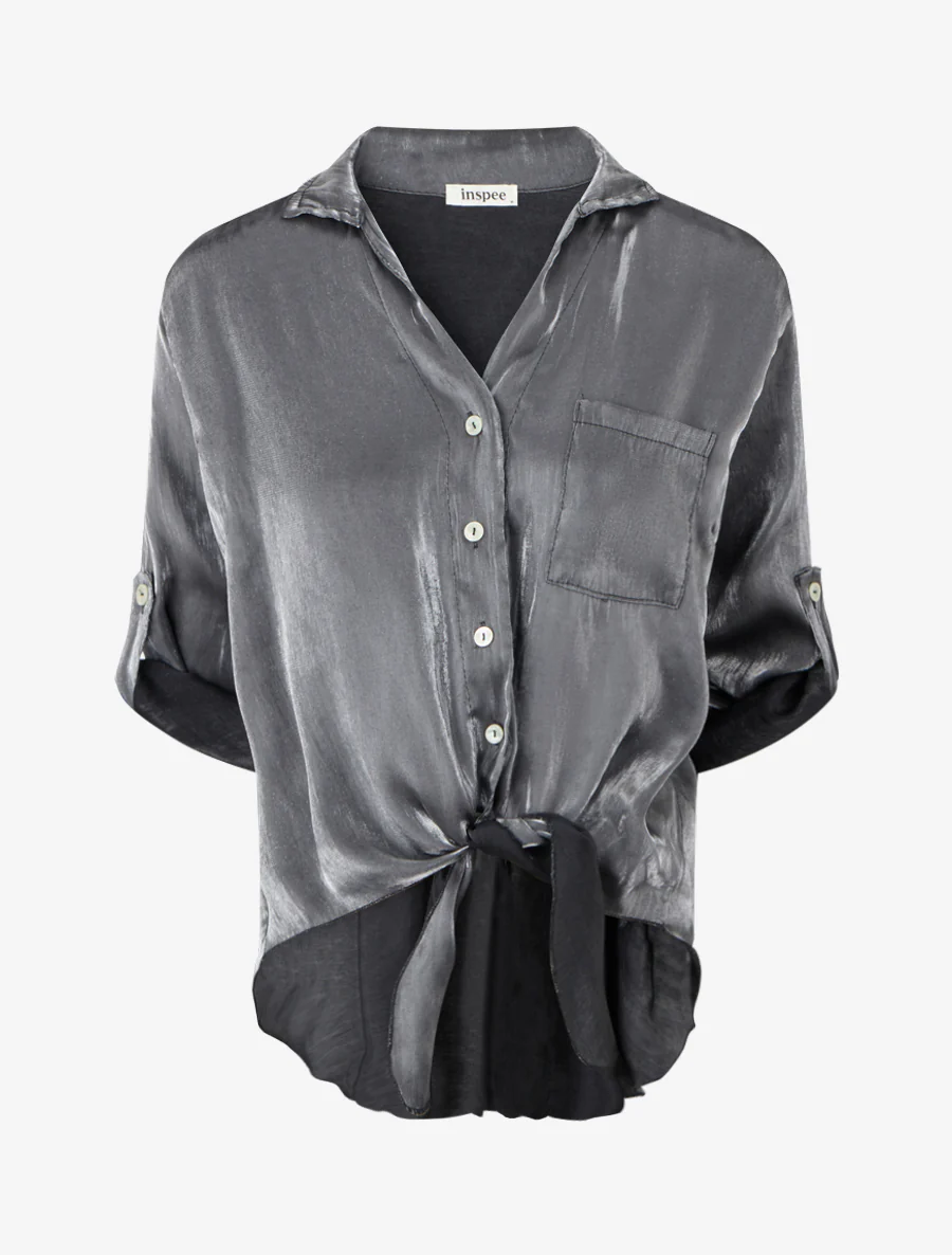 Asymmetrische parelmoeren blouse om te knopen - Zwart