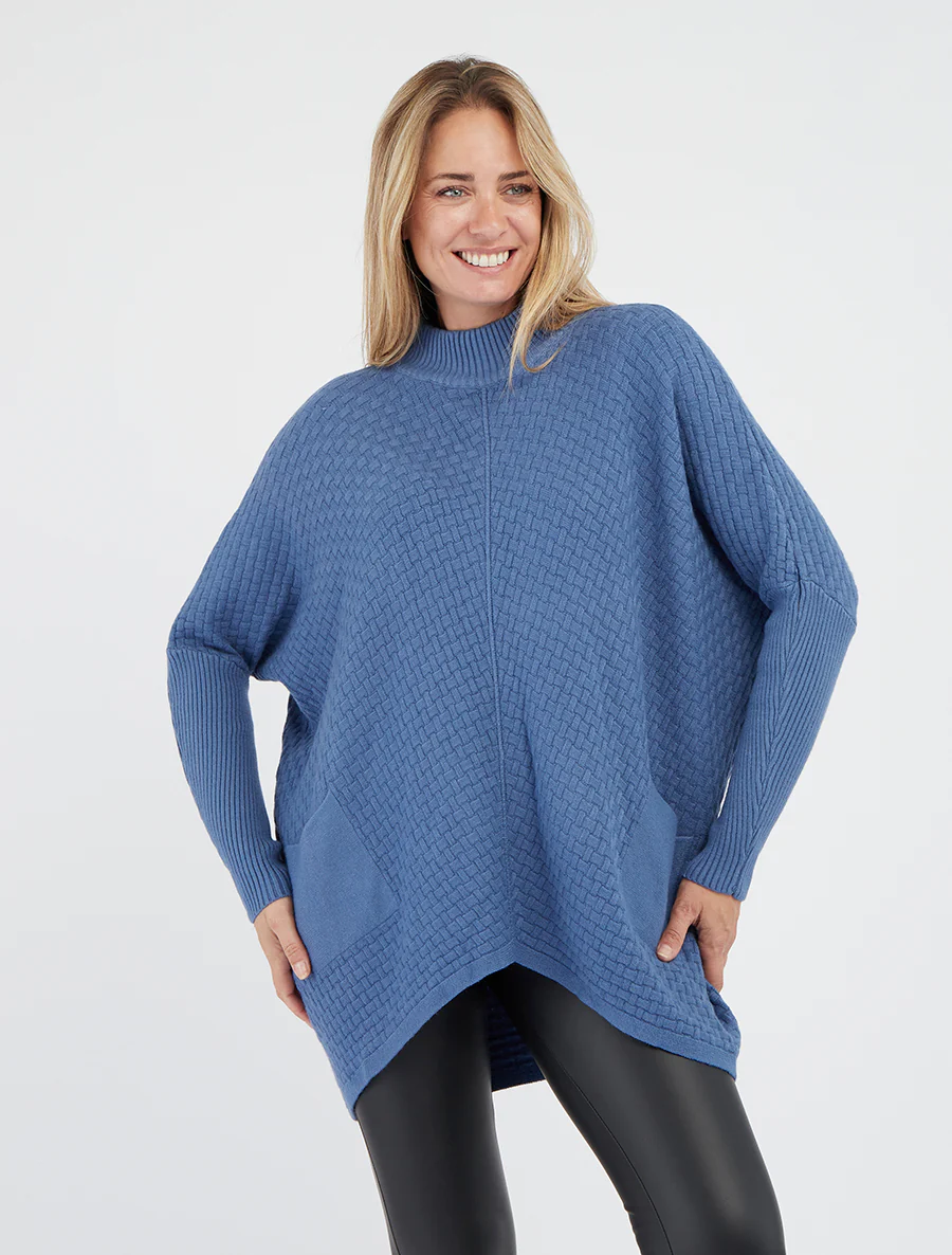 Asymmetrische poncho met opstaande kraag - Blauw