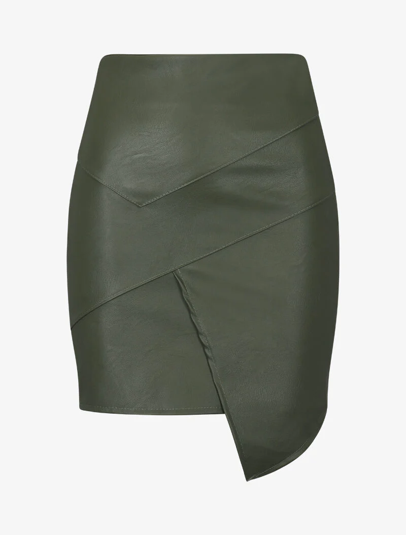 Asymmetrische rok in imitatieleer - kaki