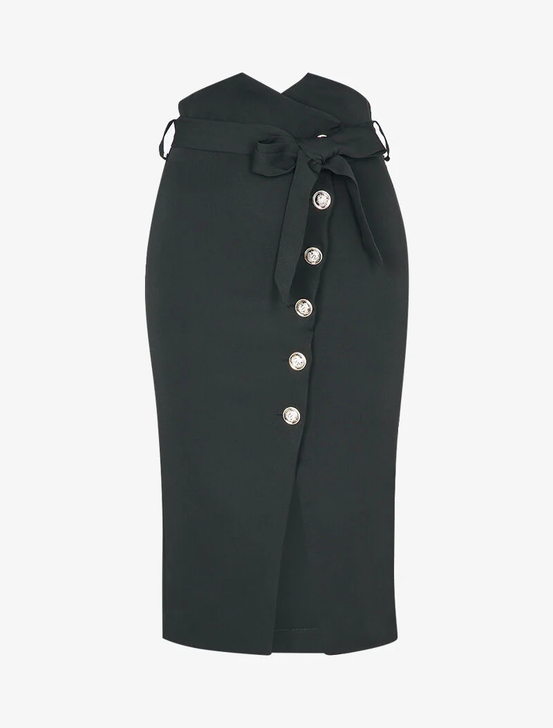 Asymmetrische knooprok met empire taille en gespleten zoom - Zwart