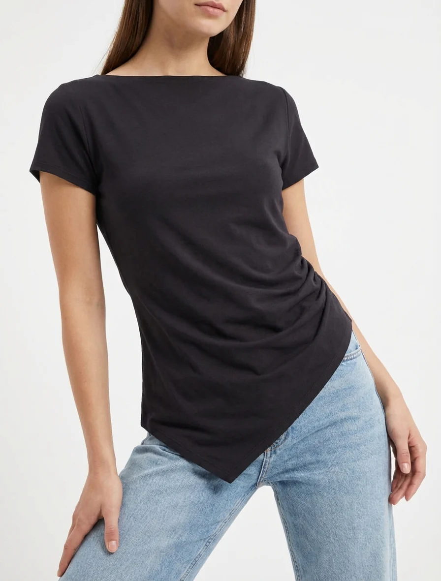 Asymmetrische top met korte mouwen - Zwart - Image 4