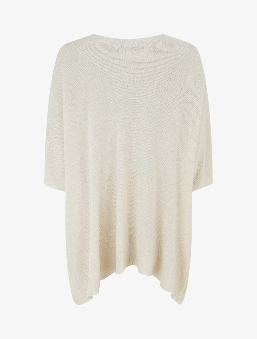 Asymmetrische top met korte mouwen van fijn glanzend breiwerk. - Beige - Image 2